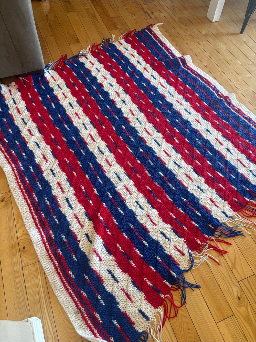 Hand-Knit Holiday Throw Blanket in Red, Blue & Cream - Unbranded
